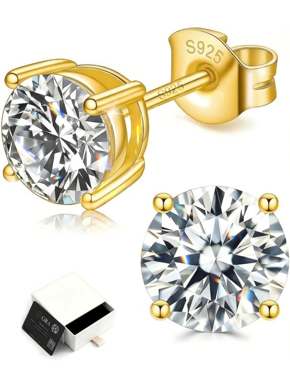 Moissanite Stud Earrings in Solid 925 Sterling Silver, 18K White Gold Finish
